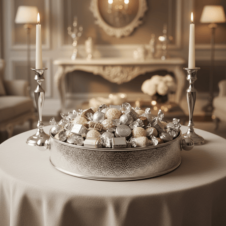 AKDC Large Luxury Silver & Cream Round Candy Pot – Decorative Metal Serving Bowl for Dates Chocolates & Snacks – Perfect Table Display Piece – 26 cm - Al Kabayel Discount CentreAKDC Large Luxury Silver & Cream Round Candy Pot – Decorative Metal Serving Bowl for Dates Chocolates & Snacks – Perfect Table Display Piece – 26 cmServing TraysAKDCAl Kabayel Discount Centre
