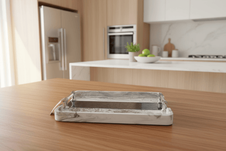 AKDC Large Rectangular Serving Tray – White Plaster of Paris Construction with Silver & Green Accent Design (35 × 25 cm) - Al Kabayel Discount CentreAKDC Large Rectangular Serving Tray – White Plaster of Paris Construction with Silver & Green Accent Design (35 × 25 cm)Serving TraysAKDCAl Kabayel Discount Centre