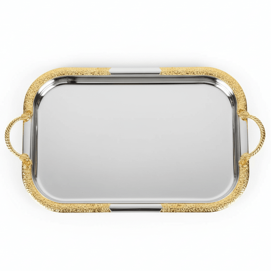 AKDC Large Rectangular Stainless Steel Serving Tray with Decorative Gold Border and Handles, Heavy Duty Food & Drink Serving Tray for Home, Kitchen & Catering – 44 × 35 cm - Al Kabayel Discount CentreAKDC Large Rectangular Stainless Steel Serving Tray with Decorative Gold Border and Handles, Heavy Duty Food & Drink Serving Tray for Home, Kitchen & Catering – 44 × 35 cmServing TraysAKDCAl Kabayel Discount Centre