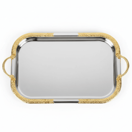 AKDC Large Rectangular Stainless Steel Serving Tray with Decorative Gold Border and Handles, Heavy Duty Food & Drink Serving Tray for Home, Kitchen & Catering – 44 × 35 cm - Al Kabayel Discount CentreAKDC Large Rectangular Stainless Steel Serving Tray with Decorative Gold Border and Handles, Heavy Duty Food & Drink Serving Tray for Home, Kitchen & Catering – 44 × 35 cmServing TraysAKDCAl Kabayel Discount Centre