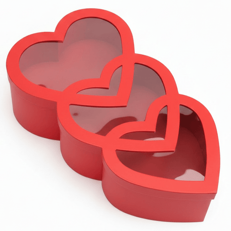 AKDC Large Red Triple Heart - Shaped Cardboard Gift Box with Clear Plastic Cover for Luxury Hampers, Valentine Gifts & Event Packaging – 45×20×10 cm - Al Kabayel Discount CentreAKDC Large Red Triple Heart - Shaped Cardboard Gift Box with Clear Plastic Cover for Luxury Hampers, Valentine Gifts & Event Packaging – 45×20×10 cmPacking & Wrapping SuppliesAKDCAl Kabayel Discount Centre