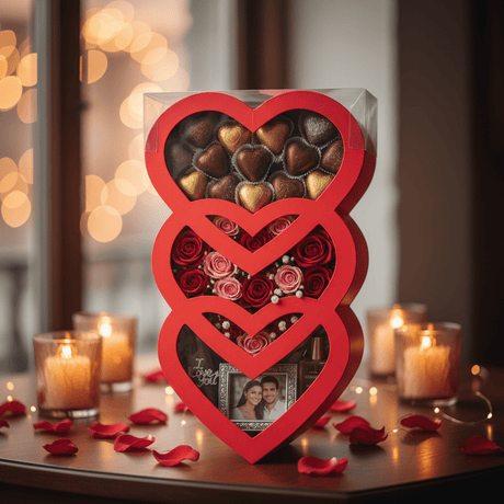 AKDC Large Red Triple Heart - Shaped Cardboard Gift Box with Clear Plastic Cover for Luxury Hampers, Valentine Gifts & Event Packaging – 45×20×10 cm - Al Kabayel Discount CentreAKDC Large Red Triple Heart - Shaped Cardboard Gift Box with Clear Plastic Cover for Luxury Hampers, Valentine Gifts & Event Packaging – 45×20×10 cmPacking & Wrapping SuppliesAKDCAl Kabayel Discount Centre