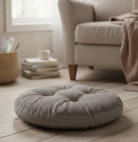 AKDC Large Round Cotton Floor Cushion – White with Brown Plaid Pattern, Cozy Floor Cushion, 55×55×12 cm - Al Kabayel Discount CentreAKDC Large Round Cotton Floor Cushion – White with Brown Plaid Pattern, Cozy Floor Cushion, 55×55×12 cmFloor Pillows & CushionsAKDCAl Kabayel Discount Centre
