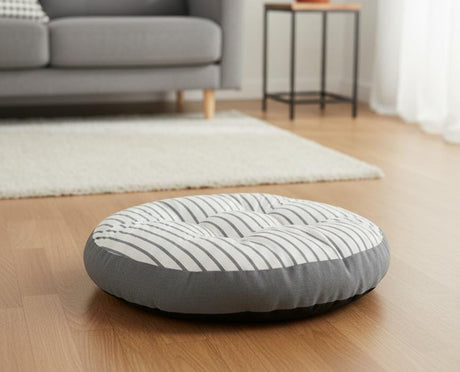 AKDC Large Round Cotton Floor Cushion – White with Grey Stripe Pattern, Comfortable Seating Pillow, 55×55×12 cm - Al Kabayel Discount CentreAKDC Large Round Cotton Floor Cushion – White with Grey Stripe Pattern, Comfortable Seating Pillow, 55×55×12 cmFloor Pillows & CushionsAKDCAl Kabayel Discount Centre