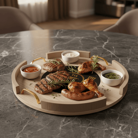 AKDC Large Round Wooden Serving Tray with Metal Handles – Durable Serving Tray for Home & Hospitality 34 cm - Al Kabayel Discount CentreAKDC Large Round Wooden Serving Tray with Metal Handles – Durable Serving Tray for Home & Hospitality 34 cmServing TraysAKDCAl Kabayel Discount Centre