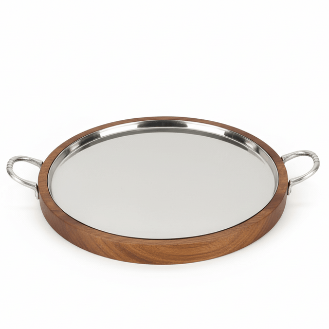 AKDC Large Wooden & Metal Dessert Serving Tray with Handle – Decorative Serving Plate 30 cm - Al Kabayel Discount CentreAKDC Large Wooden & Metal Dessert Serving Tray with Handle – Decorative Serving Plate 30 cmServing TraysAKDCAl Kabayel Discount Centre
