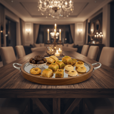 AKDC Large Wooden & Metal Dessert Serving Tray with Handle – Decorative Serving Plate 30 cm - Al Kabayel Discount CentreAKDC Large Wooden & Metal Dessert Serving Tray with Handle – Decorative Serving Plate 30 cmServing TraysAKDCAl Kabayel Discount Centre