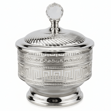 AKDC Luxe Greek Key Silver Crystal Candy Pot — Opulent Metal & Glass Keepsake Jar with Crystal Knob Lid | 15×11cm - Al Kabayel Discount CentreAKDC Luxe Greek Key Silver Crystal Candy Pot — Opulent Metal & Glass Keepsake Jar with Crystal Knob Lid | 15×11cmJars & Food SaversAKDCAl Kabayel Discount Centre