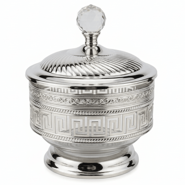 AKDC Luxe Greek Key Silver Crystal Candy Pot — Opulent Metal & Glass Keepsake Jar with Crystal Knob Lid | 15×11cm - Al Kabayel Discount CentreAKDC Luxe Greek Key Silver Crystal Candy Pot — Opulent Metal & Glass Keepsake Jar with Crystal Knob Lid | 15×11cmJars & Food SaversAKDCAl Kabayel Discount Centre