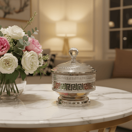 AKDC Luxe Greek Key Silver Crystal Candy Pot — Opulent Metal & Glass Keepsake Jar with Crystal Knob Lid | 15×11cm - Al Kabayel Discount CentreAKDC Luxe Greek Key Silver Crystal Candy Pot — Opulent Metal & Glass Keepsake Jar with Crystal Knob Lid | 15×11cmJars & Food SaversAKDCAl Kabayel Discount Centre