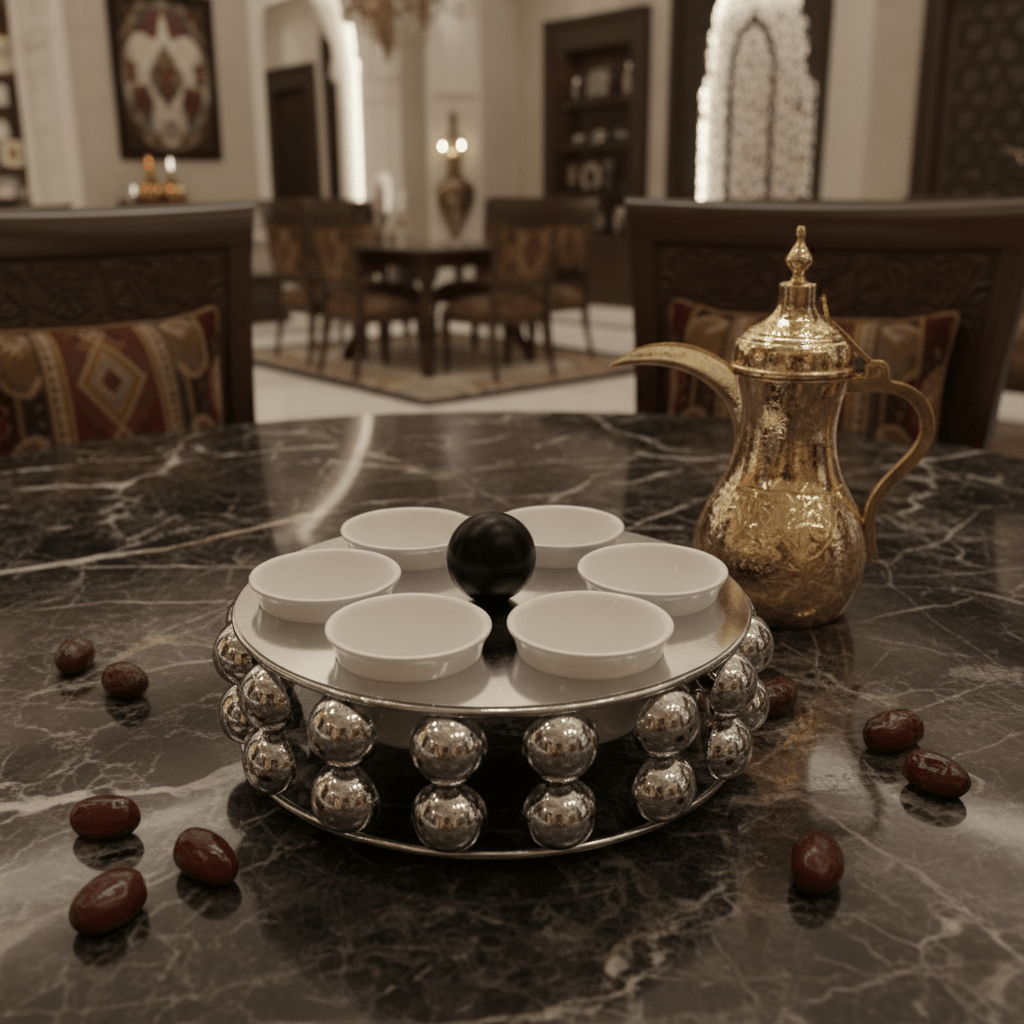 AKDC LuxeCawa 6 - Piece Ceramic Arabic Coffee Cup Set with Elegant Silver Metal Holder Serving Set 22cm - Al Kabayel Discount CentreAKDC LuxeCawa 6 - Piece Ceramic Arabic Coffee Cup Set with Elegant Silver Metal Holder Serving Set 22cmTea SetsAKDCAl Kabayel Discount Centre