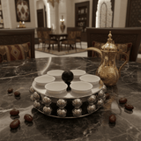 AKDC LuxeCawa 6 - Piece Ceramic Arabic Coffee Cup Set with Elegant Silver Metal Holder Serving Set 22cm - Al Kabayel Discount CentreAKDC LuxeCawa 6 - Piece Ceramic Arabic Coffee Cup Set with Elegant Silver Metal Holder Serving Set 22cmTea SetsAKDCAl Kabayel Discount Centre