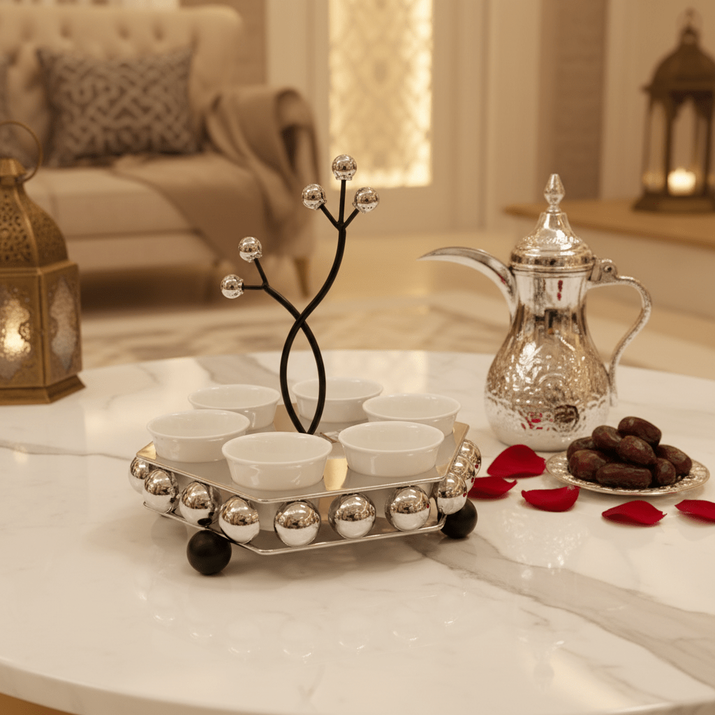 AKDC LuxeCawa Compact 6 - Piece Ceramic Arabic Coffee Cup Set with Elegant Silver Holder 20cm - Al Kabayel Discount CentreAKDC LuxeCawa Compact 6 - Piece Ceramic Arabic Coffee Cup Set with Elegant Silver Holder 20cmTea SetsAKDCAl Kabayel Discount Centre
