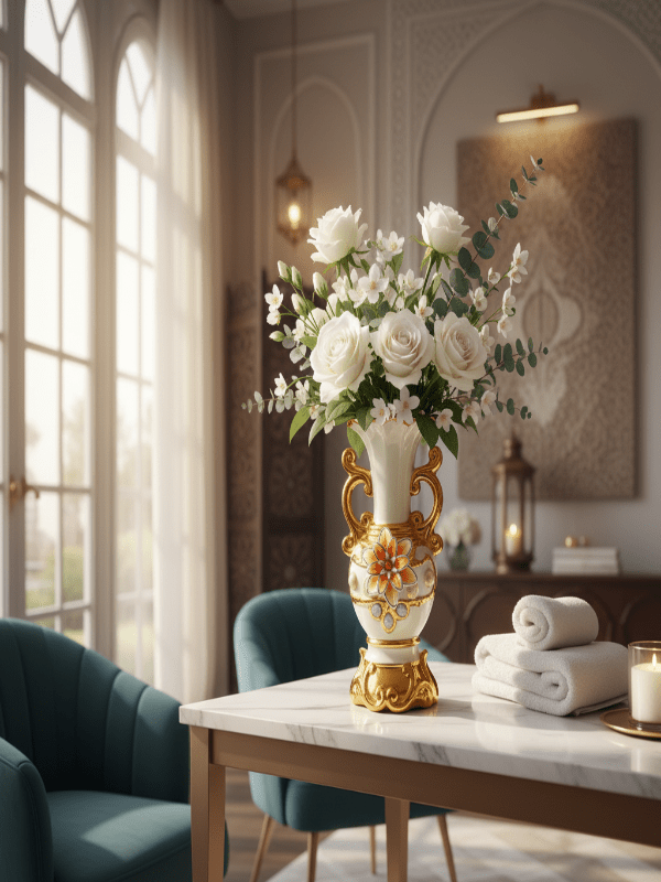 AKDC Luxury Ceramic Flower Vase – Elegant White with Gold Finish and Floral Embellishment, 25.5 cm - Al Kabayel Discount CentreAKDC Luxury Ceramic Flower Vase – Elegant White with Gold Finish and Floral Embellishment, 25.5 cmFlower/Plant PotsAKDCAl Kabayel Discount Centre