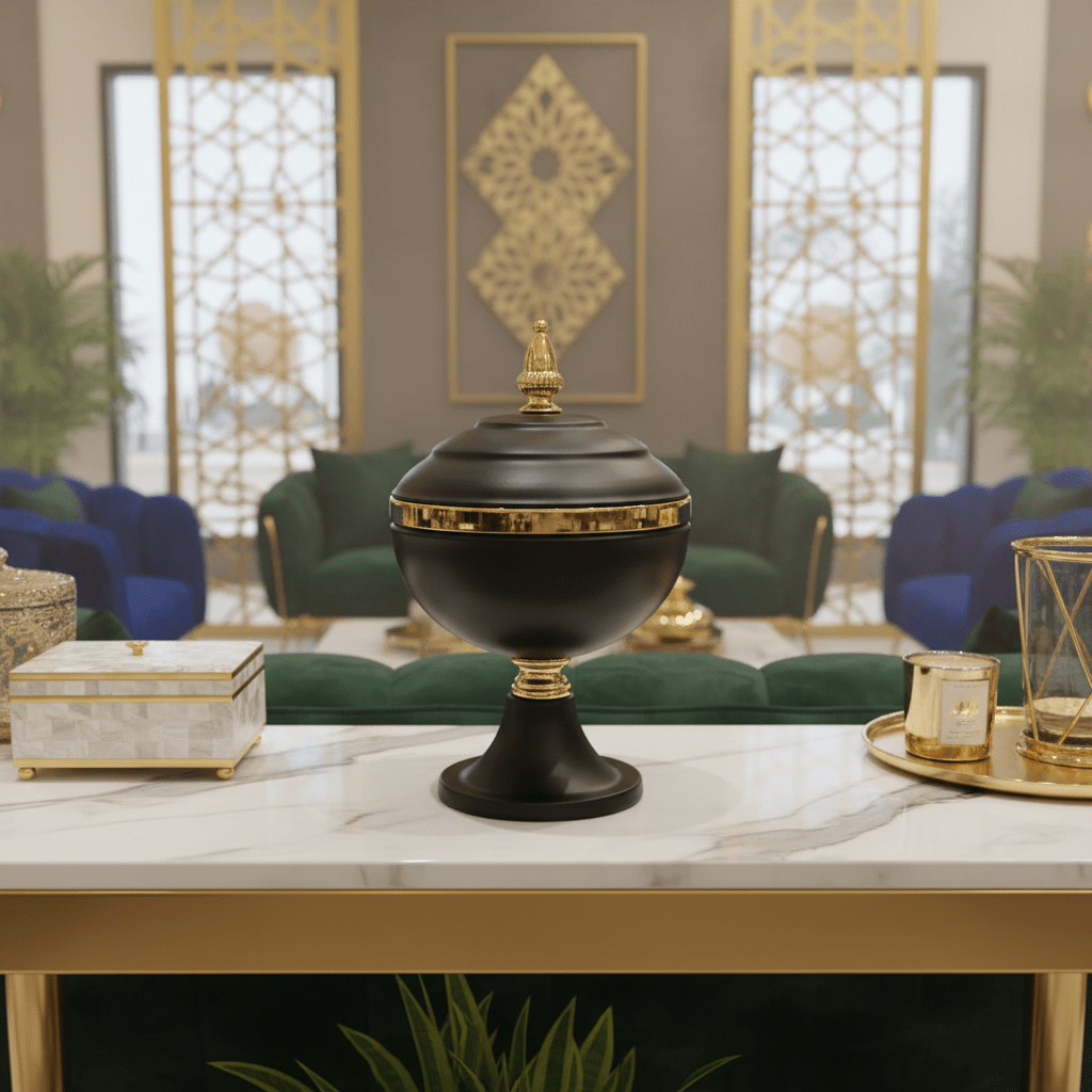 AKDC Luxury Decorative Metal Candy Jar with Lid – Premium Black Body with Elegant Gold Accents for Home Décor, Table Display and Gift Use, Size 25 × 15 cm - Al Kabayel Discount CentreAKDC Luxury Decorative Metal Candy Jar with Lid – Premium Black Body with Elegant Gold Accents for Home Décor, Table Display and Gift Use, Size 25 × 15 cmJars & Food SaversAKDCAl Kabayel Discount Centre