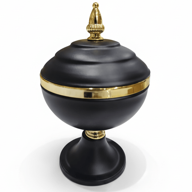 AKDC Luxury Decorative Metal Candy Jar with Lid – Premium Black Body with Elegant Gold Accents for Home Décor, Table Display and Gift Use, Size 25 × 15 cm - Al Kabayel Discount CentreAKDC Luxury Decorative Metal Candy Jar with Lid – Premium Black Body with Elegant Gold Accents for Home Décor, Table Display and Gift Use, Size 25 × 15 cmJars & Food SaversAKDCAl Kabayel Discount Centre