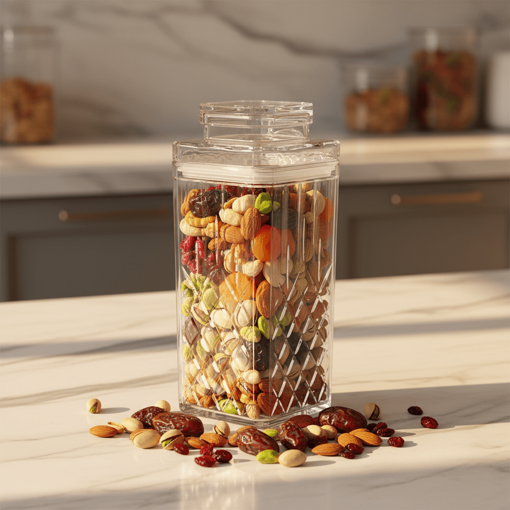 AKDC Luxury Diamond Cut Acrylic Storage Jar with Lid for Dry Food, Snacks & Kitchen Use 18 × 9 cm - Al Kabayel Discount CentreAKDC Luxury Diamond Cut Acrylic Storage Jar with Lid for Dry Food, Snacks & Kitchen Use 18 × 9 cmJars & Food SaversAKDCAl Kabayel Discount Centre