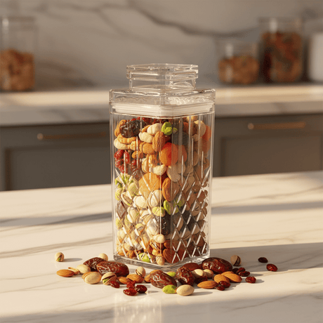 AKDC Luxury Diamond Cut Acrylic Storage Jar with Lid for Dry Food, Snacks & Kitchen Use 18 × 9 cm - Al Kabayel Discount CentreAKDC Luxury Diamond Cut Acrylic Storage Jar with Lid for Dry Food, Snacks & Kitchen Use 18 × 9 cmJars & Food SaversAKDCAl Kabayel Discount Centre