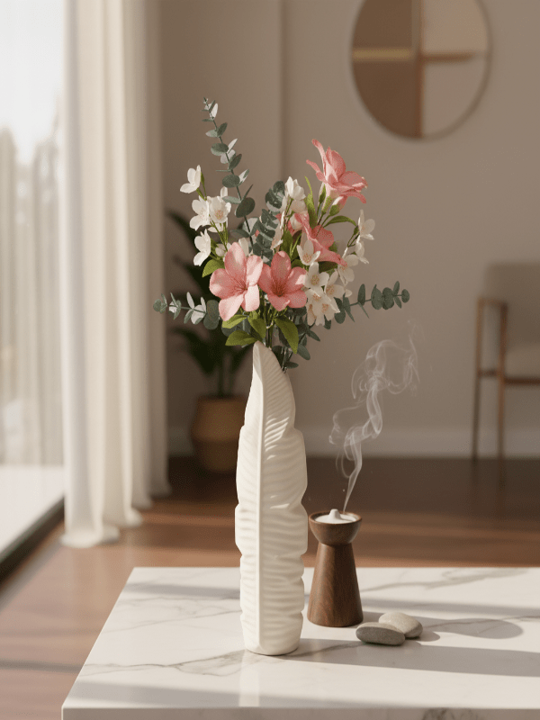 AKDC Luxury Leaf - Style Ceramic Flower Vase – Elegant White Decorative Design for Modern Interiors, 25 × 14 cm - Al Kabayel Discount CentreAKDC Luxury Leaf - Style Ceramic Flower Vase – Elegant White Decorative Design for Modern Interiors, 25 × 14 cmFlower/Plant PotsAKDCAl Kabayel Discount Centre