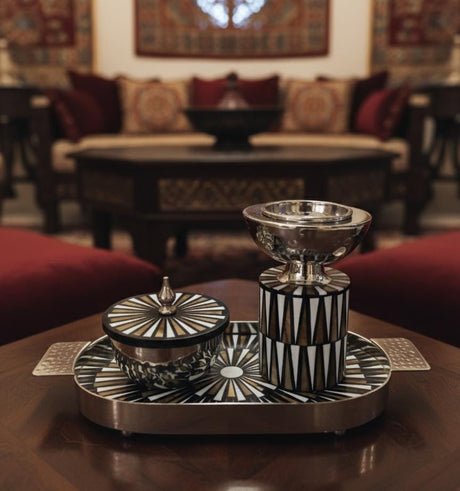 AKDC Luxury Metal & Wooden Incense Burner with Container & Tray 35x16 cm – Silver, Brown & White Dual - Tone Aromatherapy Set - Al Kabayel Discount CentreAKDC Luxury Metal & Wooden Incense Burner with Container & Tray 35x16 cm – Silver, Brown & White Dual - Tone Aromatherapy SetWooden Incense BurnerAKDCAl Kabayel Discount Centre