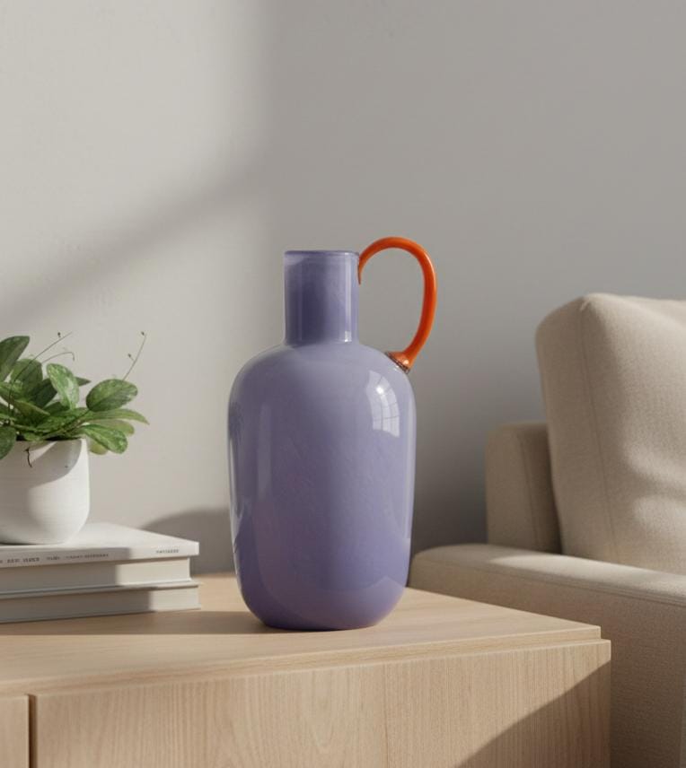 AKDC Luxury Purple Glass Vase with Stylish Pink Handle – Modern Decorative Piece – 30×15 cm - Al Kabayel Discount CentreAKDC Luxury Purple Glass Vase with Stylish Pink Handle – Modern Decorative Piece – 30×15 cmFlower/Plant PotsAKDCAl Kabayel Discount Centre