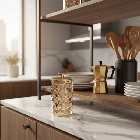 AKDC Luxury Round Airtight Acrylic Storage Canister with Transparent Body & Elegant Golden Design Lid – Kitchen Storage Jar, 800 ml - Al Kabayel Discount CentreAKDC Luxury Round Airtight Acrylic Storage Canister with Transparent Body & Elegant Golden Design Lid – Kitchen Storage Jar, 800 mlJars & Food SaversAKDCAl Kabayel Discount Centre