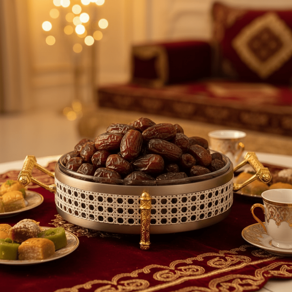 AKDC Luxury Round Glass & Metal Dates Bowl with Lid – Elegant Ramadan & Hospitality Serving Bowl 22 cm - Al Kabayel Discount CentreAKDC Luxury Round Glass & Metal Dates Bowl with Lid – Elegant Ramadan & Hospitality Serving Bowl 22 cmBowlsAKDCAl Kabayel Discount Centre