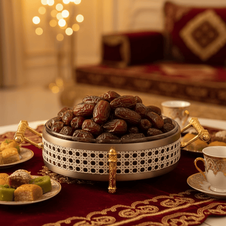 AKDC Luxury Round Glass & Metal Dates Bowl with Lid – Elegant Ramadan & Hospitality Serving Bowl 22 cm - Al Kabayel Discount CentreAKDC Luxury Round Glass & Metal Dates Bowl with Lid – Elegant Ramadan & Hospitality Serving Bowl 22 cmBowlsAKDCAl Kabayel Discount Centre
