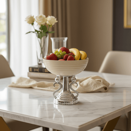 AKDC Luxury Silver & Cream Footed Round Candy Bowl – Premium Raised Metal Serving Dish for Dates Chocolates & Snacks – Elegant Centerpiece Design – 30x18 cm - Al Kabayel Discount CentreAKDC Luxury Silver & Cream Footed Round Candy Bowl – Premium Raised Metal Serving Dish for Dates Chocolates & Snacks – Elegant Centerpiece Design – 30x18 cmBowlsAKDCAl Kabayel Discount Centre