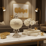 AKDC Luxury Silver & Cream Footed Round Candy Bowl – Premium Raised Metal Serving Dish for Dates Chocolates & Snacks – Elegant Centerpiece Design – 30x18 cm - Al Kabayel Discount CentreAKDC Luxury Silver & Cream Footed Round Candy Bowl – Premium Raised Metal Serving Dish for Dates Chocolates & Snacks – Elegant Centerpiece Design – 30x18 cmBowlsAKDCAl Kabayel Discount Centre