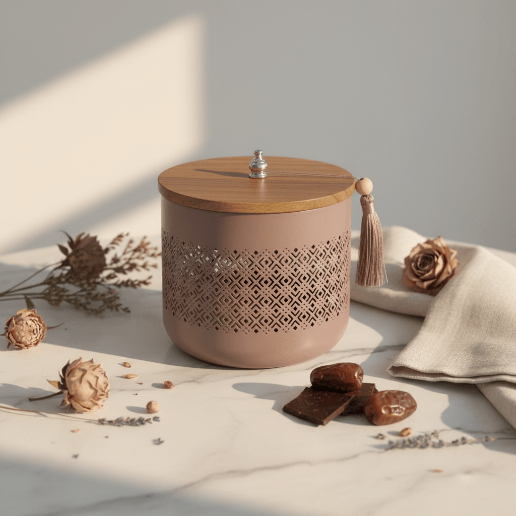 AKDC Mauve Taupe Metal Candy Storage Jar with Wooden Lid – Decorative Kitchen & Dining Organizer – 18 × 17 cm - Al Kabayel Discount CentreAKDC Mauve Taupe Metal Candy Storage Jar with Wooden Lid – Decorative Kitchen & Dining Organizer – 18 × 17 cmJars & Food SaversAKDCAl Kabayel Discount Centre