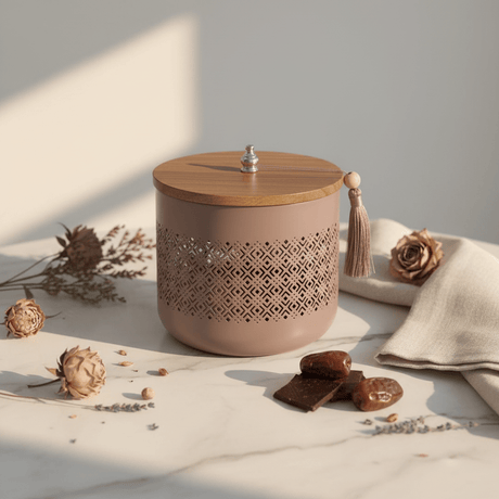 AKDC Mauve Taupe Metal Candy Storage Jar with Wooden Lid – Decorative Kitchen & Dining Organizer – 18 × 17 cm - Al Kabayel Discount CentreAKDC Mauve Taupe Metal Candy Storage Jar with Wooden Lid – Decorative Kitchen & Dining Organizer – 18 × 17 cmJars & Food SaversAKDCAl Kabayel Discount Centre