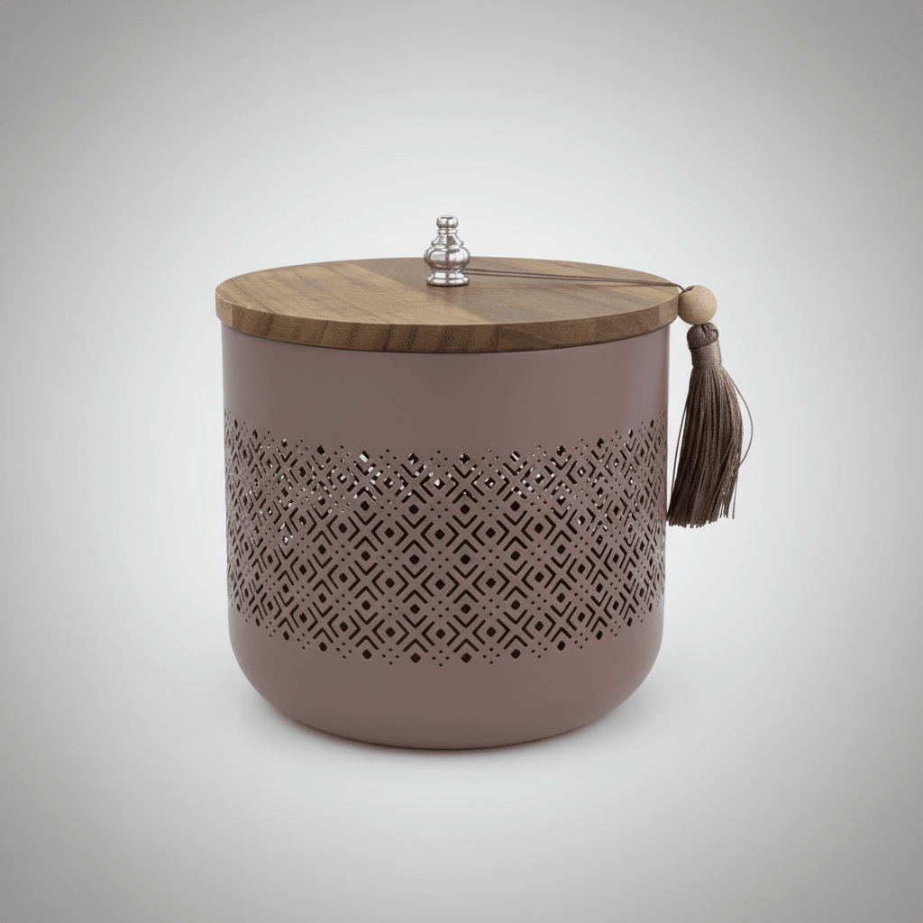 AKDC Mauve Taupe Metal Candy Storage Jar with Wooden Lid – Decorative Kitchen & Dining Organizer – 18 × 17 cm - Al Kabayel Discount CentreAKDC Mauve Taupe Metal Candy Storage Jar with Wooden Lid – Decorative Kitchen & Dining Organizer – 18 × 17 cmJars & Food SaversAKDCAl Kabayel Discount Centre