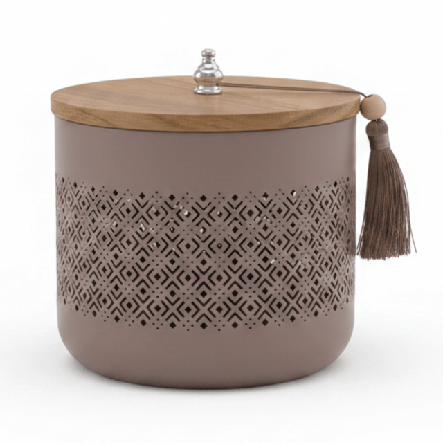 AKDC Mauve Taupe Metal Candy Storage Jar with Wooden Lid – Decorative Kitchen & Dining Organizer – 18 × 17 cm - Al Kabayel Discount CentreAKDC Mauve Taupe Metal Candy Storage Jar with Wooden Lid – Decorative Kitchen & Dining Organizer – 18 × 17 cmJars & Food SaversAKDCAl Kabayel Discount Centre