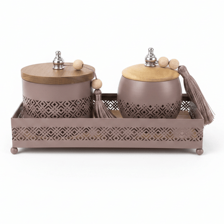AKDC Mauve Taupe Metal & Wooden Rectangular Serving Tray with 2 Candy Bowls – Elegant Hosting & Snack Serving Set – 26 × 12 cm - Al Kabayel Discount CentreAKDC Mauve Taupe Metal & Wooden Rectangular Serving Tray with 2 Candy Bowls – Elegant Hosting & Snack Serving Set – 26 × 12 cmServing TraysAKDCAl Kabayel Discount Centre