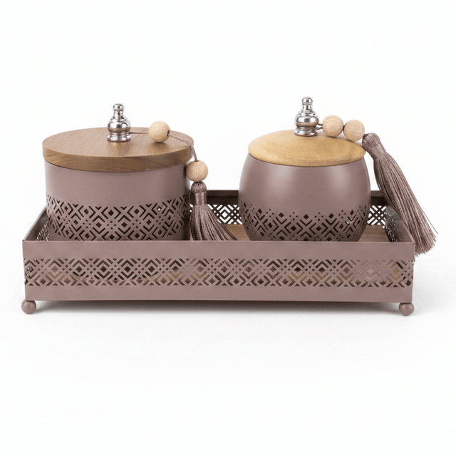 AKDC Mauve Taupe Metal & Wooden Rectangular Serving Tray with 2 Candy Bowls – Elegant Hosting & Snack Serving Set – 26 × 12 cm - Al Kabayel Discount CentreAKDC Mauve Taupe Metal & Wooden Rectangular Serving Tray with 2 Candy Bowls – Elegant Hosting & Snack Serving Set – 26 × 12 cmServing TraysAKDCAl Kabayel Discount Centre