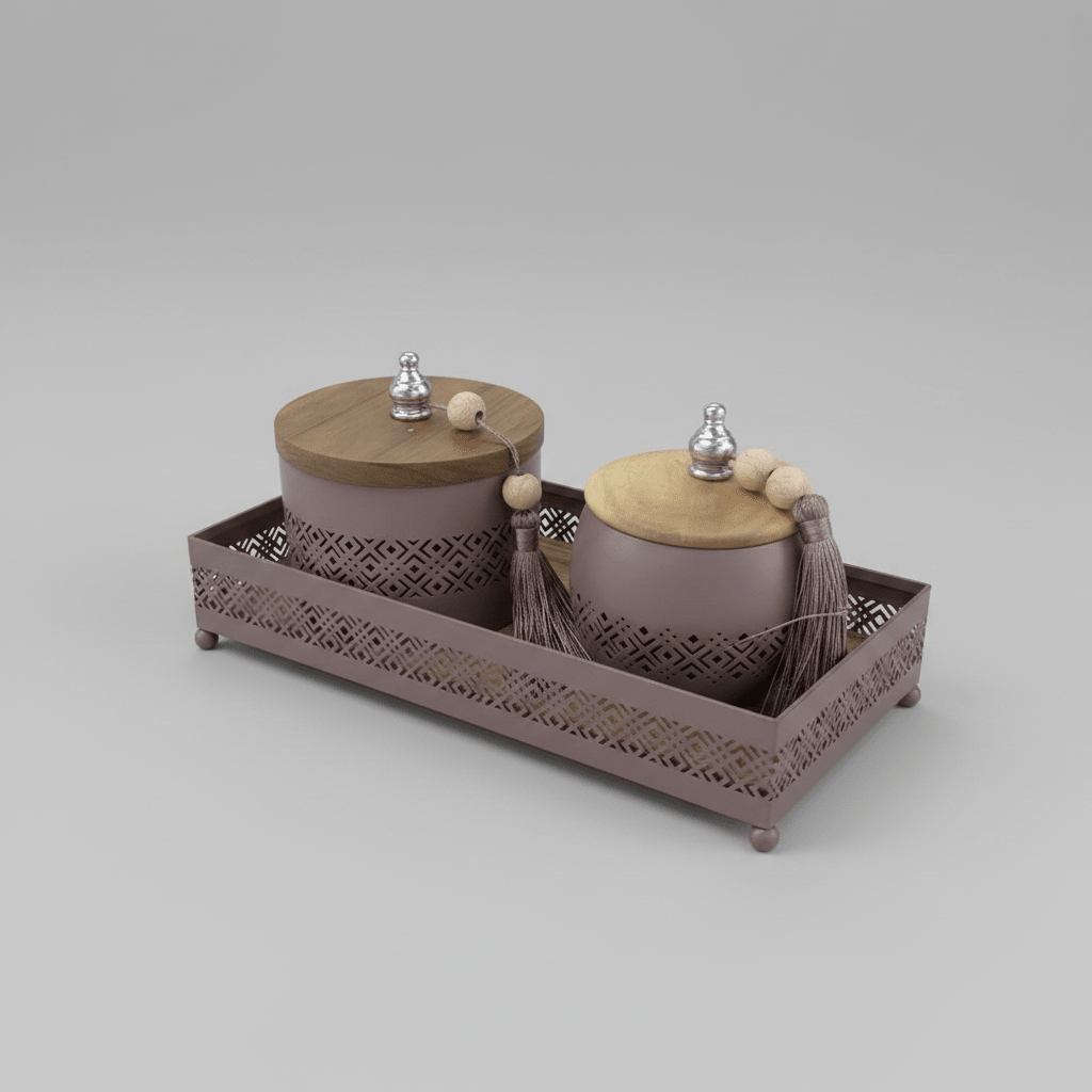 AKDC Mauve Taupe Metal & Wooden Rectangular Serving Tray with 2 Candy Bowls – Elegant Hosting & Snack Serving Set – 26 × 12 cm - Al Kabayel Discount CentreAKDC Mauve Taupe Metal & Wooden Rectangular Serving Tray with 2 Candy Bowls – Elegant Hosting & Snack Serving Set – 26 × 12 cmServing TraysAKDCAl Kabayel Discount Centre