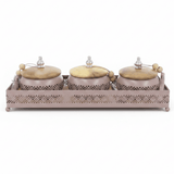 AKDC Mauve Taupe Metal & Wooden Serving Tray with 3 Candy Bowls – Premium Entertaining Set for Guests – 36 × 12 cm - Al Kabayel Discount CentreAKDC Mauve Taupe Metal & Wooden Serving Tray with 3 Candy Bowls – Premium Entertaining Set for Guests – 36 × 12 cmServing TraysAKDCAl Kabayel Discount Centre