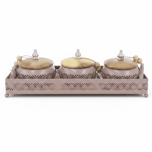 AKDC Mauve Taupe Metal & Wooden Serving Tray with 3 Candy Bowls – Premium Entertaining Set for Guests – 36 × 12 cm - Al Kabayel Discount CentreAKDC Mauve Taupe Metal & Wooden Serving Tray with 3 Candy Bowls – Premium Entertaining Set for Guests – 36 × 12 cmServing TraysAKDCAl Kabayel Discount Centre