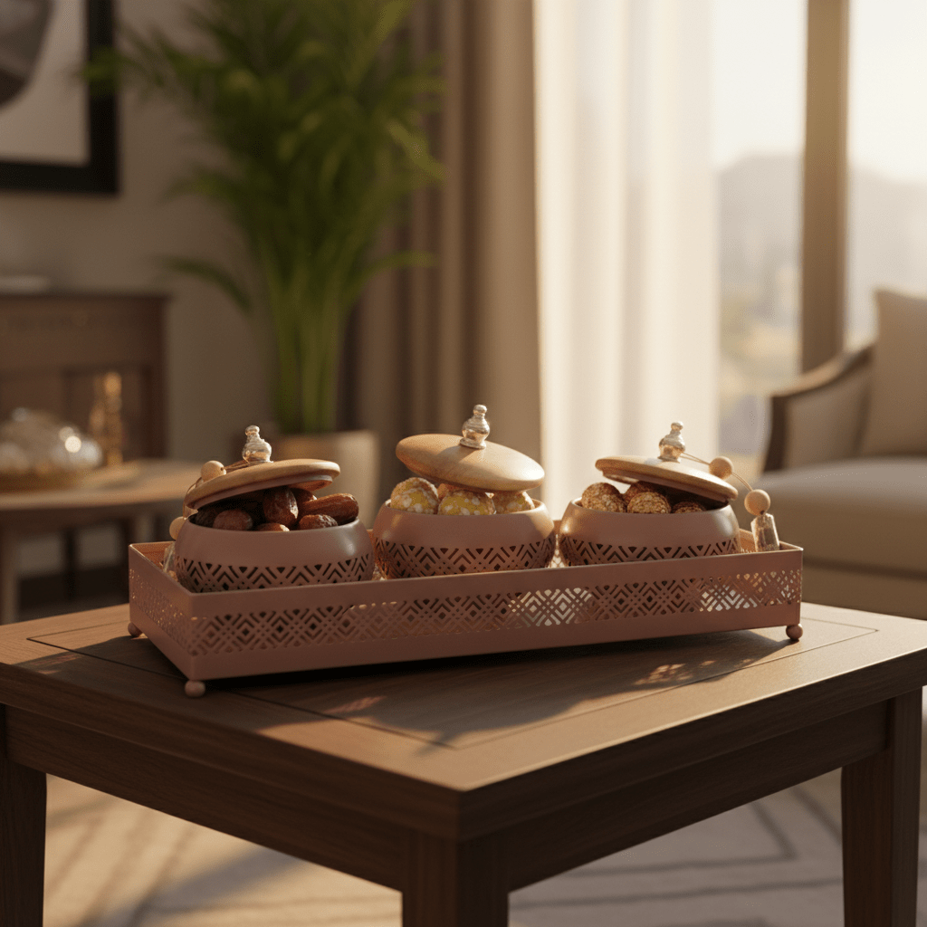 AKDC Mauve Taupe Metal & Wooden Serving Tray with 3 Candy Bowls – Premium Entertaining Set for Guests – 36 × 12 cm - Al Kabayel Discount CentreAKDC Mauve Taupe Metal & Wooden Serving Tray with 3 Candy Bowls – Premium Entertaining Set for Guests – 36 × 12 cmServing TraysAKDCAl Kabayel Discount Centre