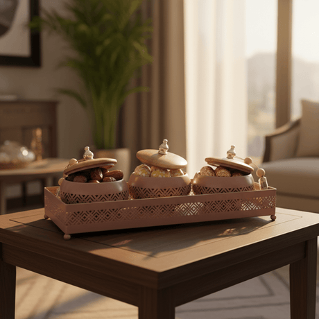 AKDC Mauve Taupe Metal & Wooden Serving Tray with 3 Candy Bowls – Premium Entertaining Set for Guests – 36 × 12 cm - Al Kabayel Discount CentreAKDC Mauve Taupe Metal & Wooden Serving Tray with 3 Candy Bowls – Premium Entertaining Set for Guests – 36 × 12 cmServing TraysAKDCAl Kabayel Discount Centre