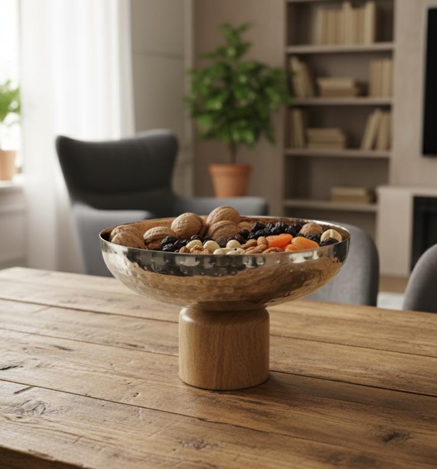 AKDC Medium Metal & Wooden Serving Bowl 25x17 cm – Stylish Silver with Wooden Accent Modern Serving Bowl for Daily Use - Al Kabayel Discount CentreAKDC Medium Metal & Wooden Serving Bowl 25x17 cm – Stylish Silver with Wooden Accent Modern Serving Bowl for Daily UseServeware SetsAKDCAl Kabayel Discount Centre