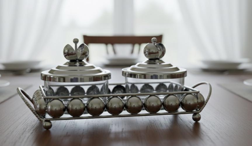 AKDC Metal and Glass 2pcs Candy Bowl Set 25.5cm*11cm*12cm, Silver - Al Kabayel Discount CentreAKDC Metal and Glass 2pcs Candy Bowl Set 25.5cm*11cm*12cm, SilverCandy ServersAKDCAl Kabayel Discount Centre
