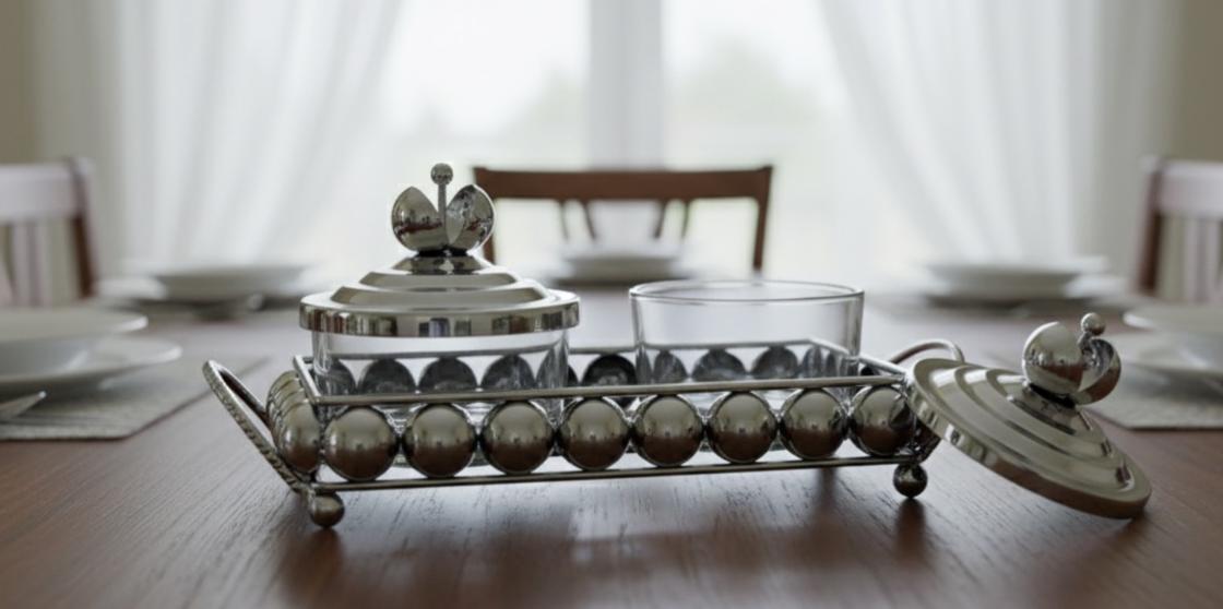 AKDC Metal and Glass 2pcs Candy Bowl Set 25.5cm*11cm*12cm, Silver - Al Kabayel Discount CentreAKDC Metal and Glass 2pcs Candy Bowl Set 25.5cm*11cm*12cm, SilverCandy ServersAKDCAl Kabayel Discount Centre