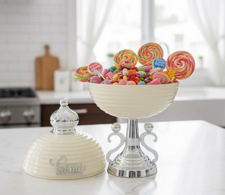AKDC Metal Footed Candy Bowl with Lid 15cm*31cm, Ivory/Silver - Al Kabayel Discount CentreAKDC Metal Footed Candy Bowl with Lid 15cm*31cm, Ivory/SilverCandy ServersAKDCAl Kabayel Discount Centre