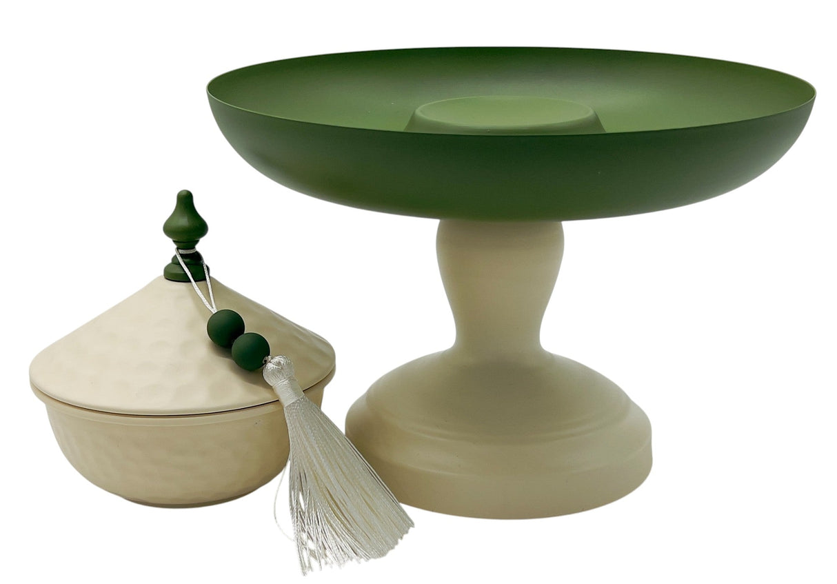 AKDC Metal Footed Candy Tray with Bowl 23.2cm*27cm, Ivory/Green - Al Kabayel Discount CentreAKDC Metal Footed Candy Tray with Bowl 23.2cm*27cm, Ivory/GreenServing TraysAKDCAl Kabayel Discount Centre