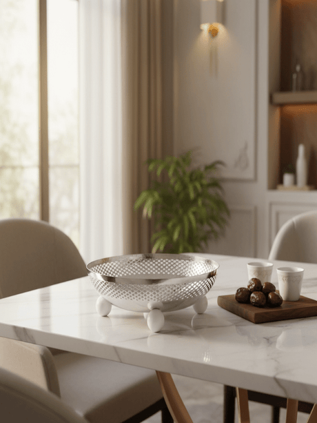 AKDC Metal Fruit & Candy Bowl – Elegant Silver Finish, Ideal for Tabletop Serving & Display, 25 × 9 cm - Al Kabayel Discount CentreAKDC Metal Fruit & Candy Bowl – Elegant Silver Finish, Ideal for Tabletop Serving & Display, 25 × 9 cmServing TraysAKDCAl Kabayel Discount Centre