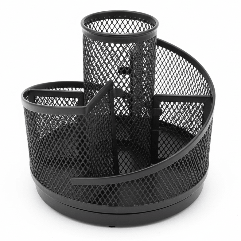 AKDC Metal Mesh Rotating Desk Organiser – Black | Multi - Compartment Pen & Stationery Holder | 13.5×12 cm - Al Kabayel Discount CentreAKDC Metal Mesh Rotating Desk Organiser – Black | Multi - Compartment Pen & Stationery Holder | 13.5×12 cmPen Holders & Desk OrganizersAKDCAl Kabayel Discount Centre