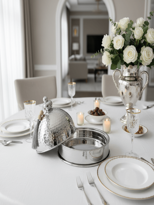 AKDC Metal Tajine Serving Bowl – Luxury Silver Finish, Decorative Arabic Style Tableware, 30 cm - Al Kabayel Discount CentreAKDC Metal Tajine Serving Bowl – Luxury Silver Finish, Decorative Arabic Style Tableware, 30 cmServing TraysAKDCAl Kabayel Discount Centre