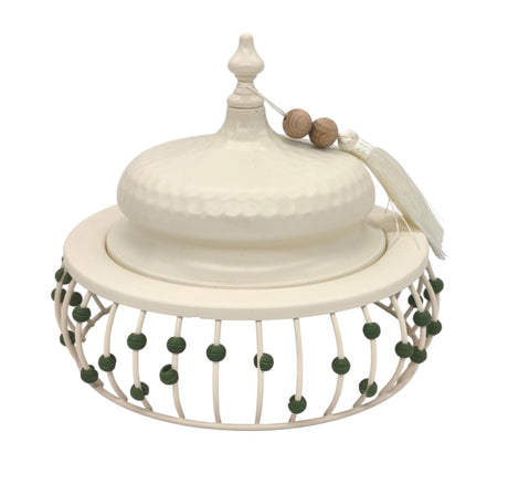 AKDC Metal Tajine with Lid 28cm*17cm, White with Green Beads - Al Kabayel Discount CentreAKDC Metal Tajine with Lid 28cm*17cm, White with Green BeadsBowlsAKDCAl Kabayel Discount Centre